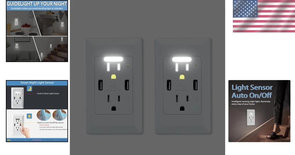 Energy Efficient USB Outlet with Automatic Nightlight - 2-Pack, Easy Install - Image 2 of 4