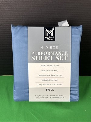 Member's Mark Performance 500 Thread Count Solid Sheet Set FULL Indigo Blue