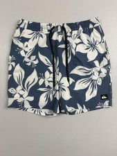 Quiksilver Swim Shorts Mens Medium Blue Floral Hawaiian Tropical Elastic Waist