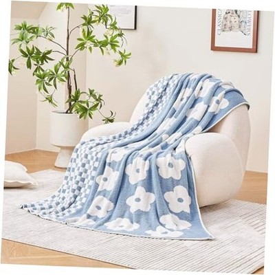 Checkered Throw Blanket Super Soft Knit Breathable Throw-50x60 Inch Dusty Blue