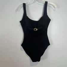 Vtg 80s 90s Mainstream Black One Piece Swimsuit Gold Buckle Size 10 Runs Small