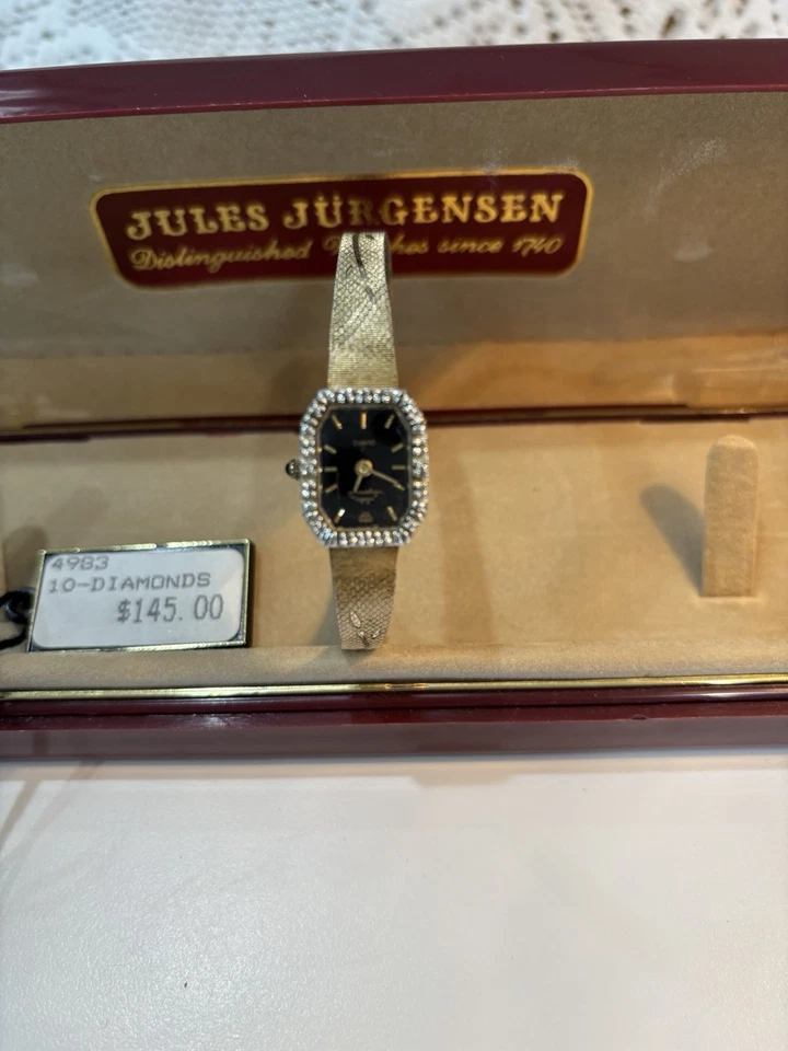 Reloj JULES JURGENSEN 10 Diamantes Tono Dorado Mujer Damas Cuarzo Analógico De Colección Foto 2 de 4