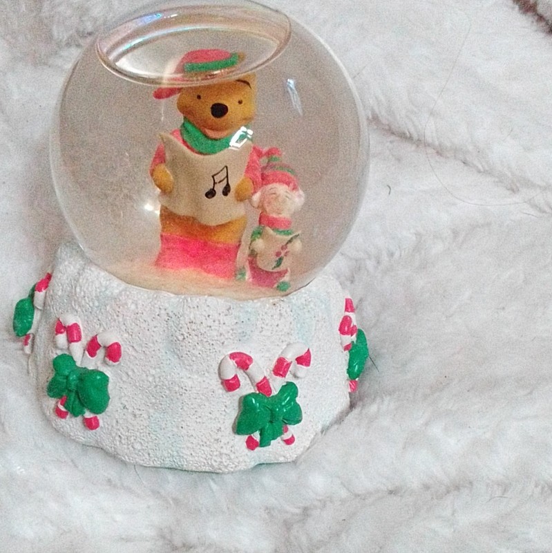 Christmas Bear Glass Snow Globe White Base with Candy Cane & Holly Decor