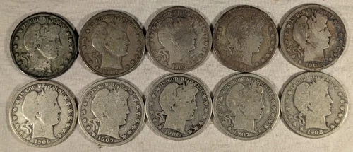 LOT OF 10 BARBER HALF DOLLAR COINS 90% SILVER $5 FACE VALUE #57