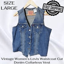 Vintage Women  s Large Levis Waistcoat Cut Denim Collarless Vest FAST SHIPPING