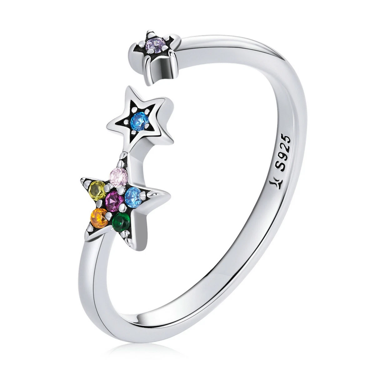 Sterling Silver Rainbow Stars CZ Adjustable Ring for Her Fits