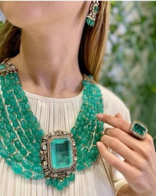 Sabyasachi Inspired Fine Quality Layered Long Emerald Green Faux Zirconium  Polki