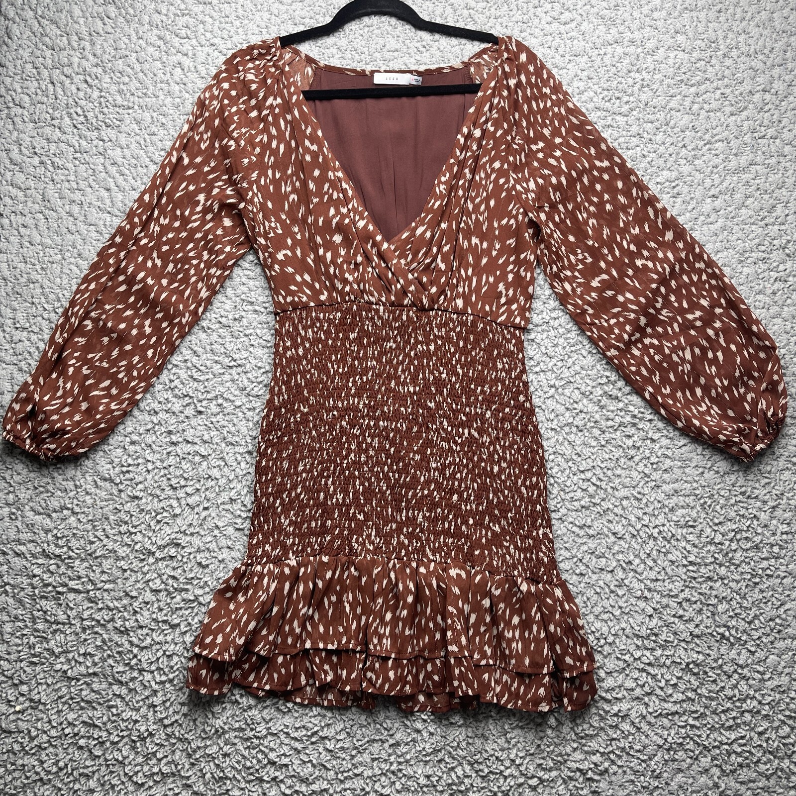 Nordstrom Lush Women's Medium Long Sleeve Smocked Mini Dress Brown