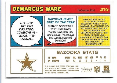 2005 Bazooka Gold #214 DeMarcus Ware Rookie Dallas Cowboys RC - Bild 2 von 2