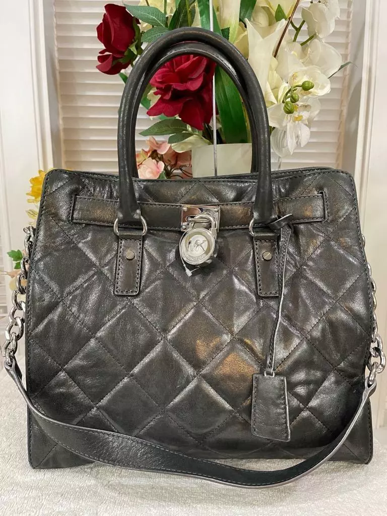 Michael Kors Hamilton quilt metallic gray tote bag purse (180