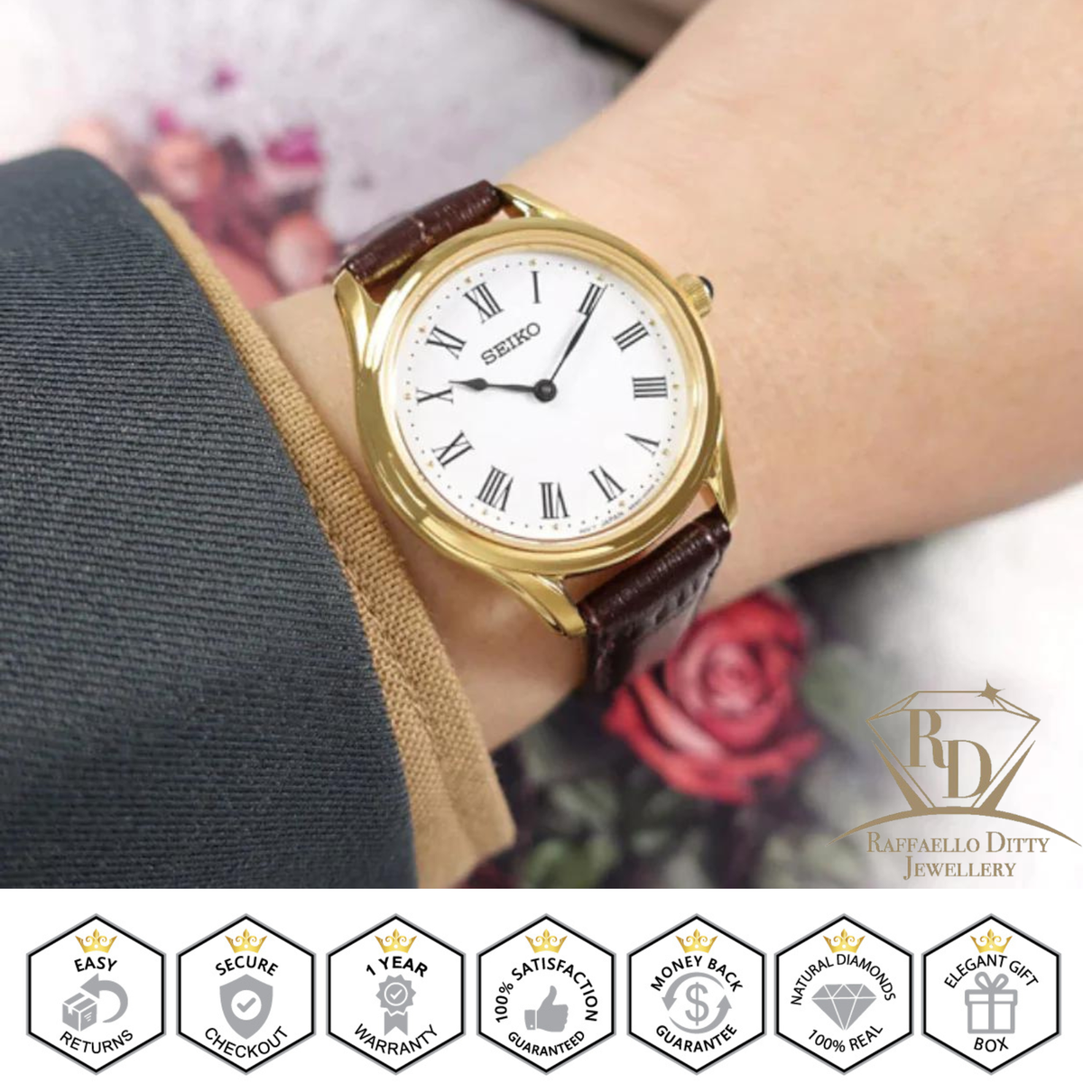 SEIKO Ladies Watch Quartz White Dial Brown Leather Strap