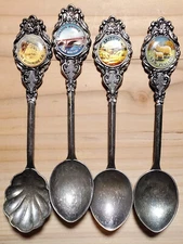 4 Vintage Collectable Souvenir SILVER-Plated CAMEO Tea-Sugar Spoons