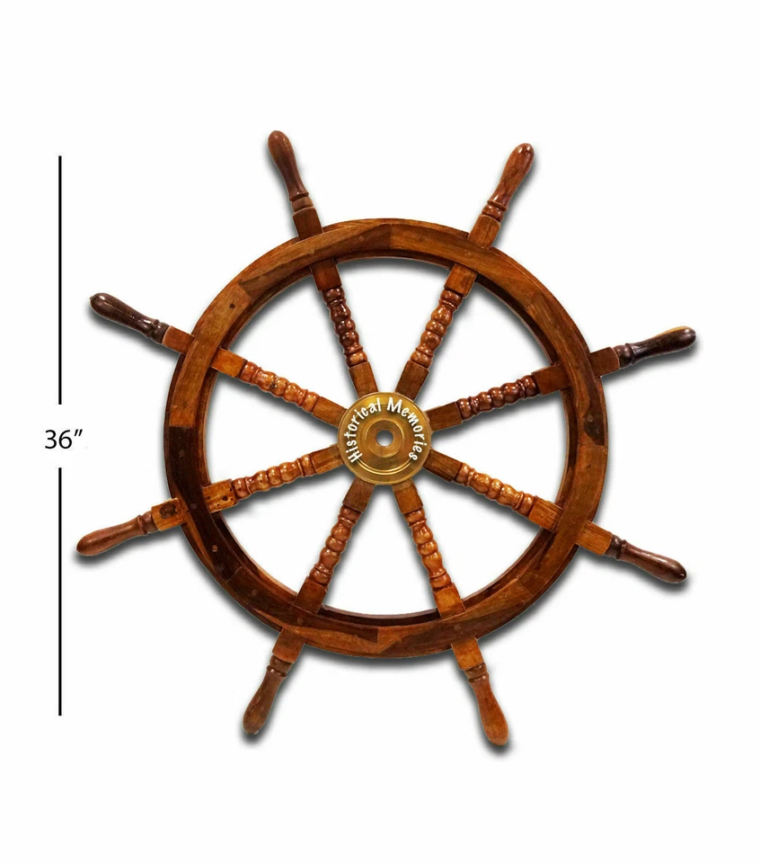 36 Inch Big Ship Steering Wheel Wooden Antique Teak Brass Nautical Pirate Ship's - Image 3 of 4