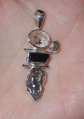 Herkimer Diamond, Moldavite and Meteorite Pendant in Sterling Silver Pendant