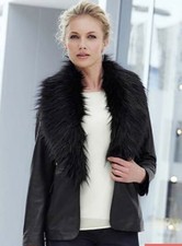 Joanna Hope 100% Leather Y2k Faux Fur Jacket Uk14 Blazer Collared Womens Black