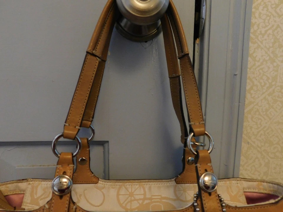 Coach Stagecoach Sateen Champagne Satin embroidered Horse Carriage Pleated Tote - Image 2 of 4