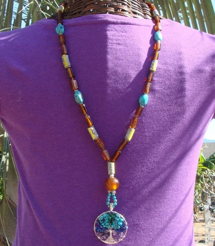 Long Bohemian African Trade Bead Necklace, Turquoise Gemstones, Handmade Tree - Picture 5 of 5