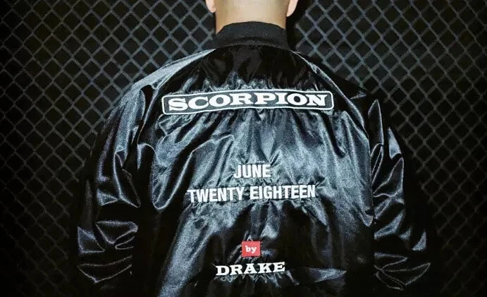 Drake Scorpion Black Satin Bomber Jacket