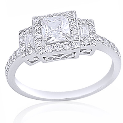 Cubic Zirconia Solitaire W/Accent Halo Wedding Ring 14K Gold Plated Sterling