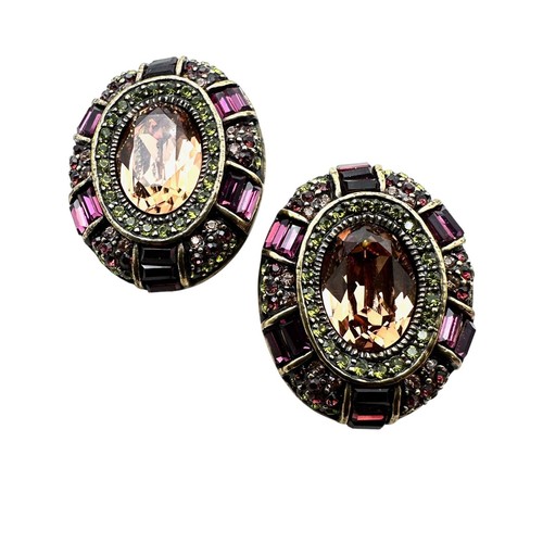 Heidi Daus Purple Green Amber Multicolor Crystal Bronze Clip Earrings - Picture 3 of 3