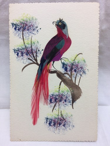 Vtg Watercolor Real feather Birds lot of 4 Colorful Asian For Framing Art Bird - Picture 4 of 12