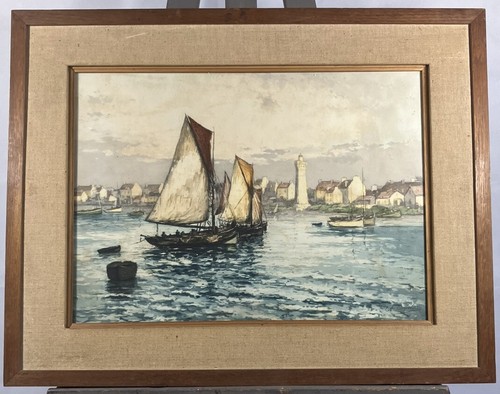 Estampa Paisaje Marino Vista de Bretaña Firmada Charles Lafitte