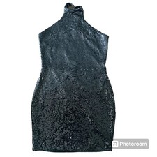 Fashion Nova Womens Sequin Halter Dress Sz L Black  Disco Festival Backless Mini