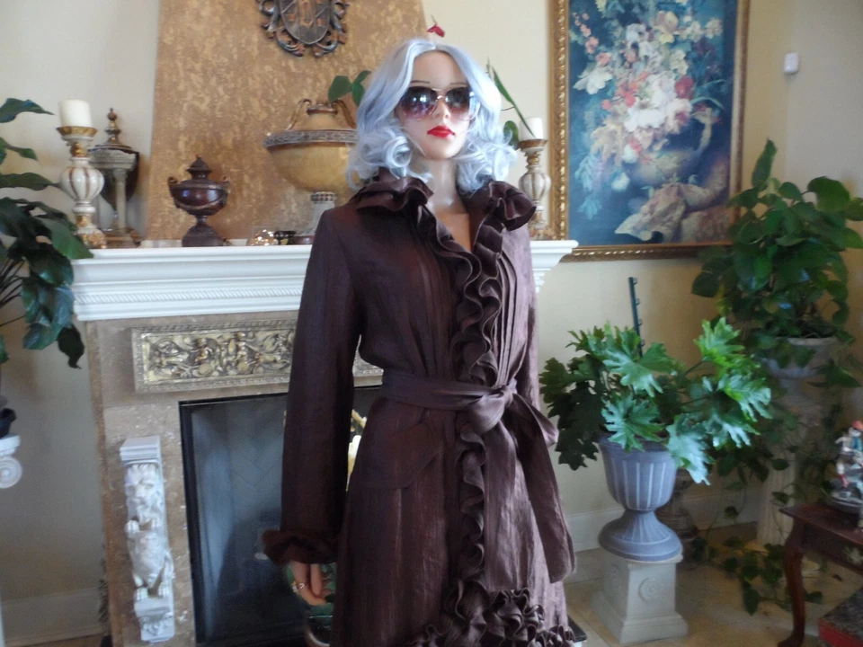 New Samuel Dong Chocolate Brown Rayon Ruffle Trench Coat Size M - Image 4 of 4