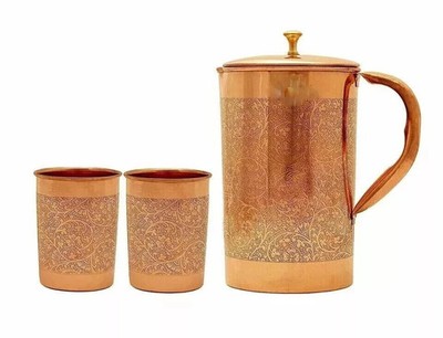 Handmade Copper Water Jug Embossed Pitcher 2 Tumbler Cup Health Benefits 1.5 Ltr