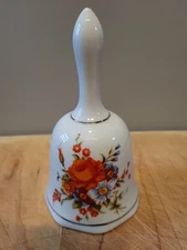 Ceramic Orange and Blue Spring Flowers on White Ceramic Bell (Missing Clapper)
