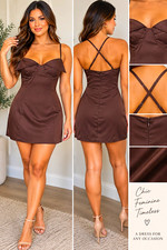PrettyLittleThing Women’s Brown Solid Satin Sweetheart Strappy Mini Dress 4