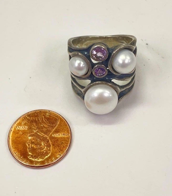 Banda ancha Shablool Didae perla y amatista talla 7 plata de ley Israel Foto 3 de 4