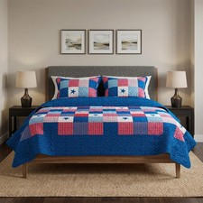 Caroline Patriotic Quilt Set Americana Stars Plaid Patchwork Full Queen Bedding