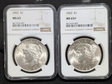 Lot of 2 - 1922 PEACE DOLLARS NGC MS63, MS63+ NICE STRIKE AND INCREDIBLE LUSTER!