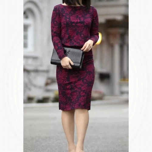 Abito a tubino Tory Burch fucsia e blu navy stampa floreale manica lunga Etta S