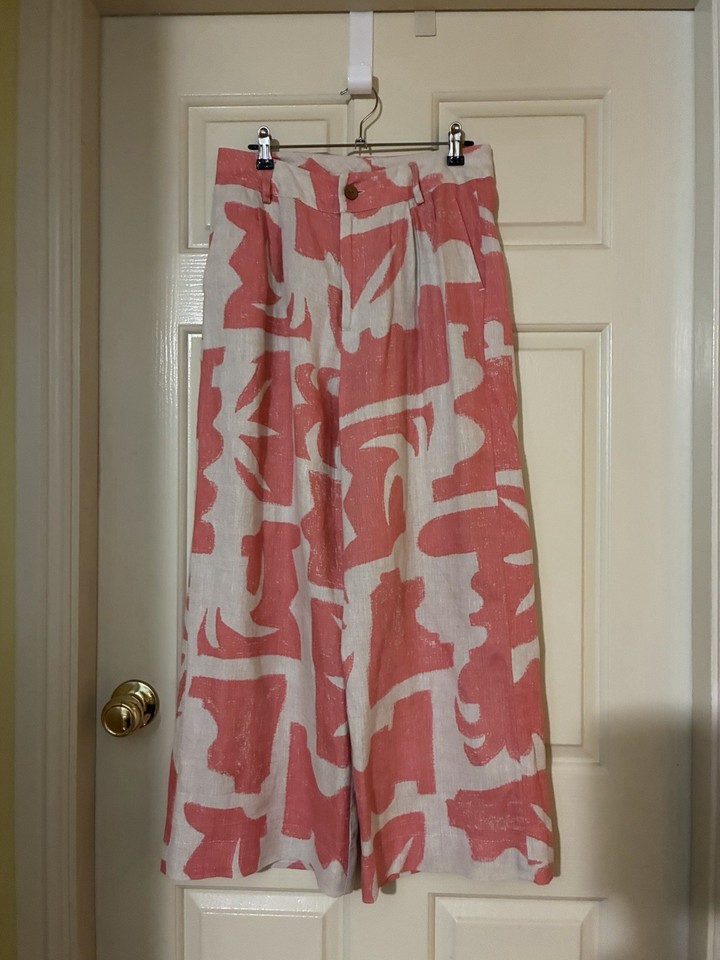 Gorman Linen Abstract Wide-Leg Pants Pink/off white Size 10 Pockets