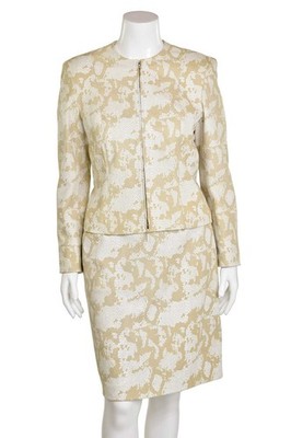 ESCADA $3225 2Pc Leather Skirt Suit sz 12/14 US 42/44 DE Cream/Beige Snake Print