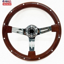 14 Universal Car Racing Wood Steering Wheels Slotted 3 Spoke With Horn Button