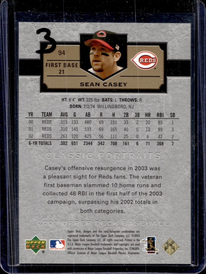 2003 Upper Deck Classic Portraits #94 Sean Casey Gold #/25 Cincinnati Reds C09 - Image 2 of 2