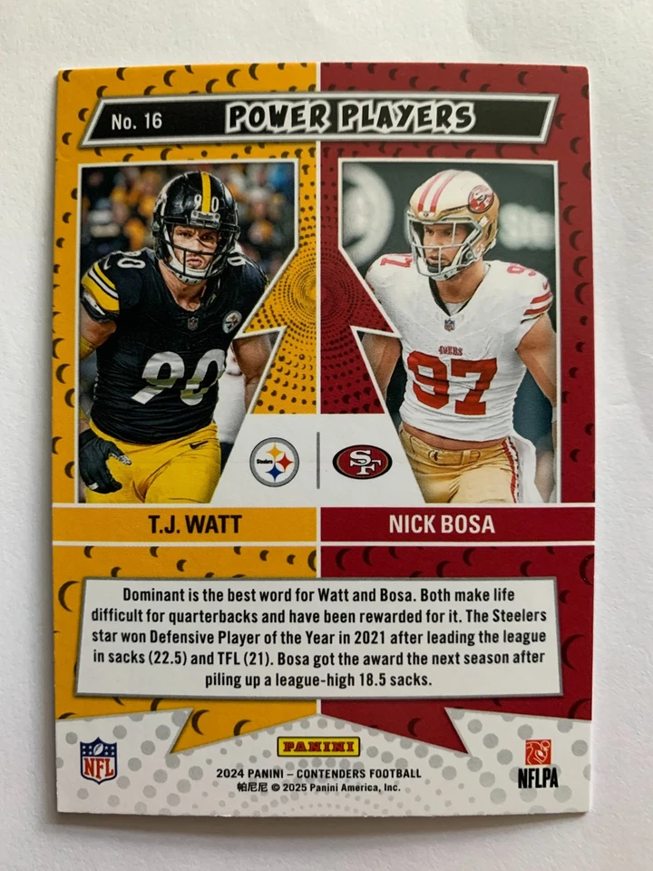 T.J. WATT / NICK BOSA SPARKLE 2024 CONTENDERS POWER PLAYERS #16 - Image 2 of 2