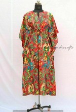 Indian Red Floral Print Cotton Hippie Maxi Women Nightwear Caftan Dress