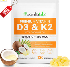 Vitamin D3 K2 Supplement Softgels, 10000 IU VIT D3  200 MCG K2 MK-7  2-In-1