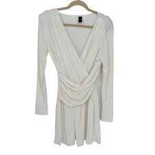 Cider White Balletcore Mini Faux Wrap Dress Size L Long Sleeve Ruched V-Neck