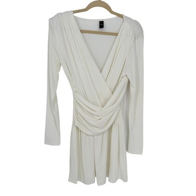 Cider White Balletcore Mini Faux Wrap Dress Size L Long Sleeve Ruched V-Neck