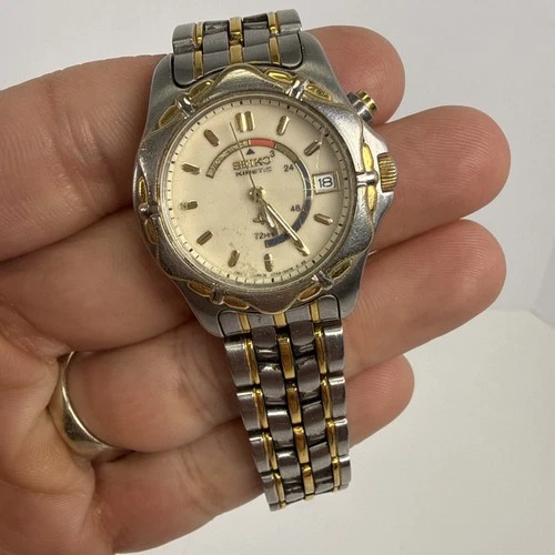 Vintage Seiko Kinetic Automatic Watch Womens Two Tone Stainless 3M22-0A33 6.25"