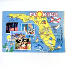 Postcard Florida FL Map Disney Characters Landmarks Multi View Gulf of Mexico