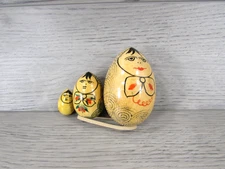 Russian Nesting Doll Egg-Shaped Wooden Hand-painted Set of 3 Vintage 3” Tall