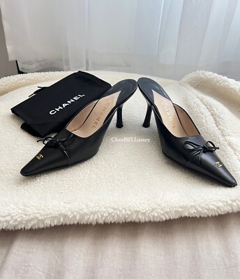 Auth Chanel Vintage Black Pointed CC Logo Mules - Size 37 | eBay