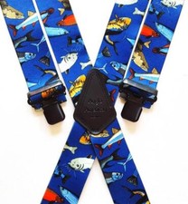 Mens Braces Heavy Duty 1.5" Blue Mixed Fish Fishing Fishermans Black Clips