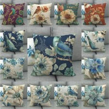 Watercolor Blue Flower Bird Burlap Throw Pillow Covers Living Room Cushion Case
